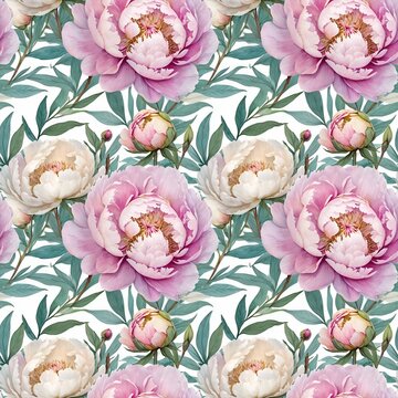 Watercolor pattern with pink and leaves. Hand drawn watercolor illustration. Watercolor Floral pattern for cards or fabric. Watercolor roses and peons