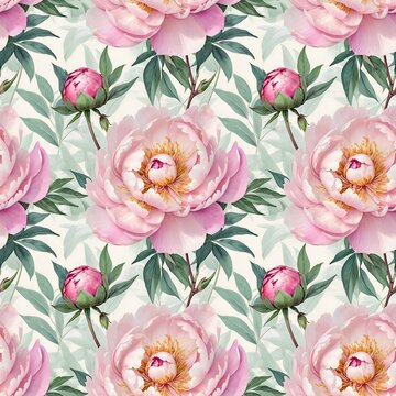 Watercolor pattern with pink and leaves. Hand drawn watercolor illustration. Watercolor Floral pattern for cards or fabric. Watercolor roses and peons