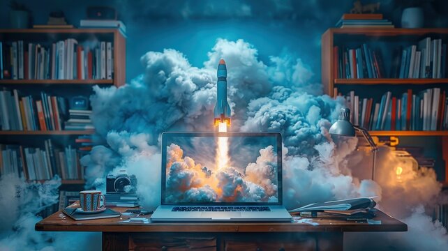 Digital creativity and innovation concept featuring a rocket launching from a laptop on a cluttered desk with bookshelves in the backgroundrocket launch