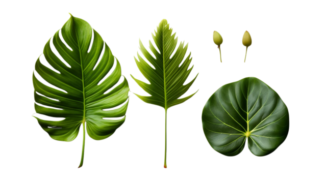 Diverse Green Leaf Silhouettes with Monstera, Feather-Like, and Round Shapes Alongside Buds - Ideal for Botanical Studies and Design Purposes"