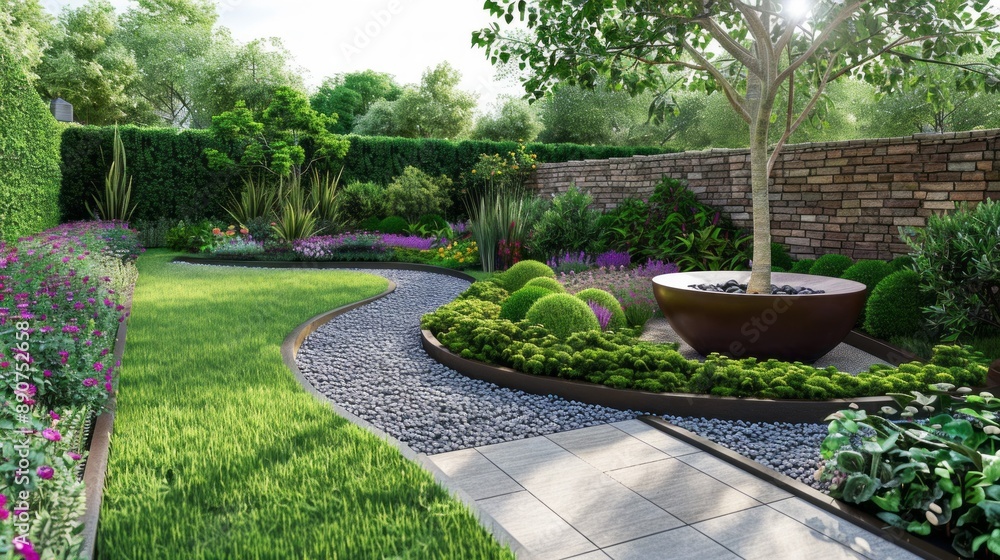 Poster A garden with a path and a tree in the middle