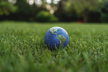 Small Earth Globe on Grass with Blurred Nature Background