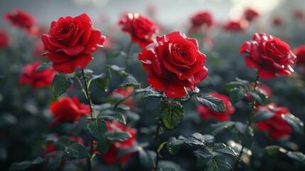 Red roses bloom in a garden, glistening with morning dew