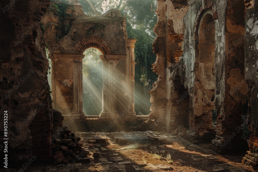 Poster A vintage building with sunlight shining through the window, suitable for history or architecture themes