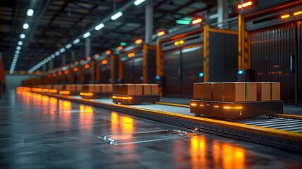 Modern Automated Warehouse with Conveyor Belts and Cardboard Boxes, Industrial Logistics and Supply Chain Management Facility, High-Tech Storage Solutionswarehouse