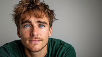 Fototapeta premium A young man with blue eyes, wavy hair, and a light beard looks directly at the viewer