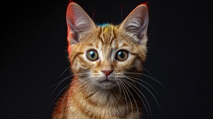 A ginger kitten with bright green eyes stares directly at the camera