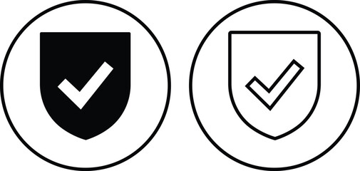 Shield with check mark icon set. Protection approve Security sign. Strong privacy tick shield. Tick mark approved. Flat and line style black vector collection isolated on transparent background.