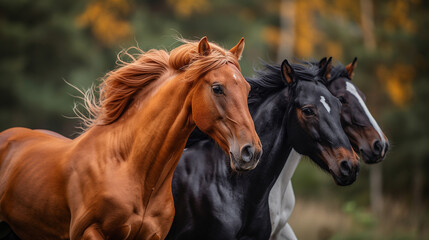 Obraz premium A telephoto angle photo of wild horses running together, showcasing their camaraderie and social bonds, with copy space