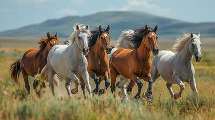 Fototapeta premium A telephoto angle photo of wild horses running together, showcasing their camaraderie and social bonds, with copy space