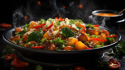 Hot stir fried vegetables on black plate