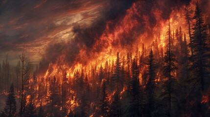 A devastating forest fire raging through dense woodland