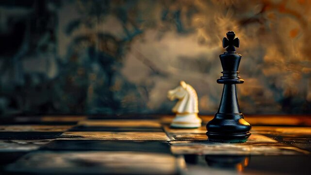 Chess pieces on board, black king in focus, blurred background
