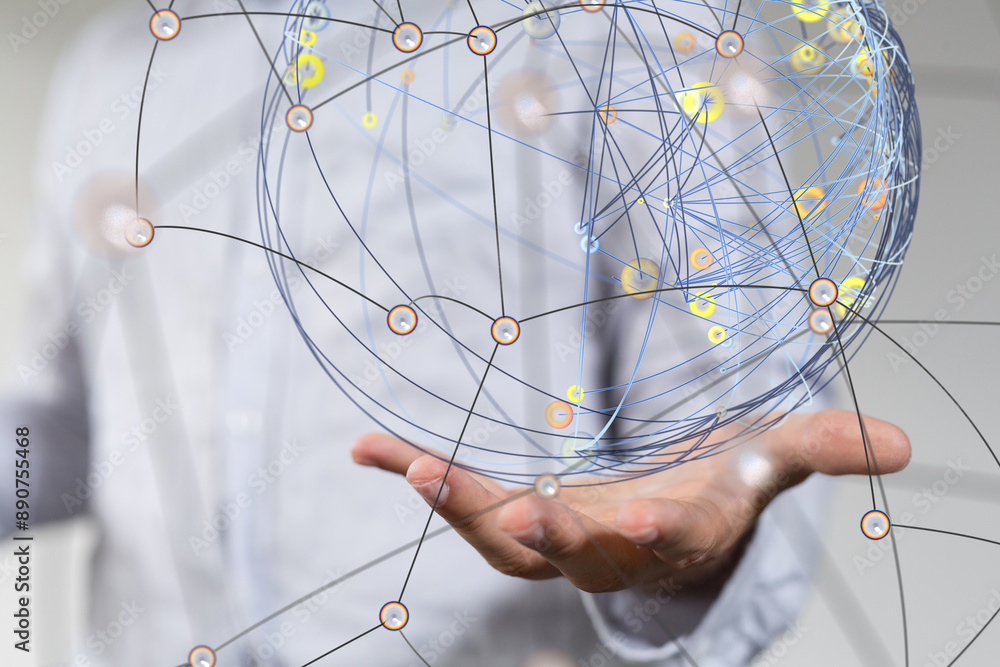Aufkleber Global network. Blockchain. 3D illustration. Neural networks and artificial intelligence. Abstract