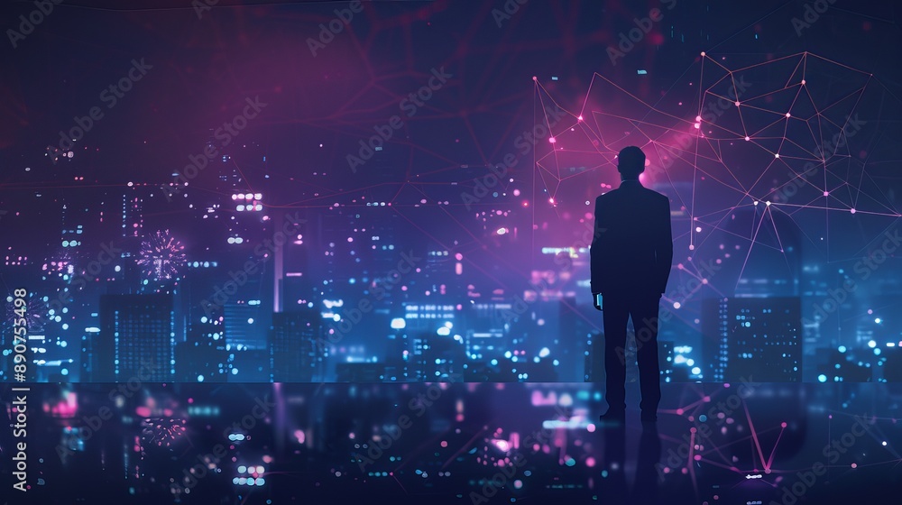 Poster businessman standing and using a smartphone in a modern space observing a night city view concept of