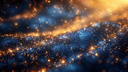 Abstract Cosmic Starfield with Glowing Golden and Blue Light Particles in a Vivid Night Sky Featuring Sparkling Bokeh