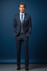 Young man in blue suit gray vest and patterned tie with hands in pockets