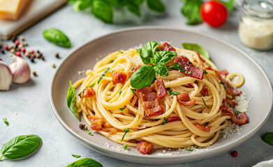 Delicious spaghetti carbonara garnished with basil and bacon on a plate.
