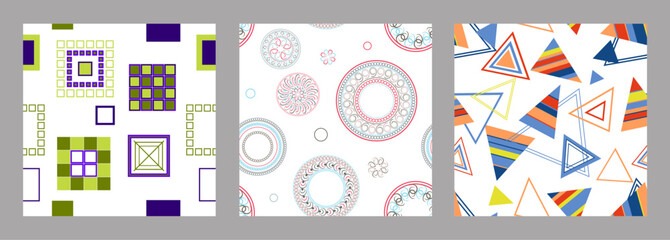 Seamless pattern of geometric shapes. Bright seamless pattern. Set of 3 patterns. Design for fabric, wallpaper, wrapping paper. Vector