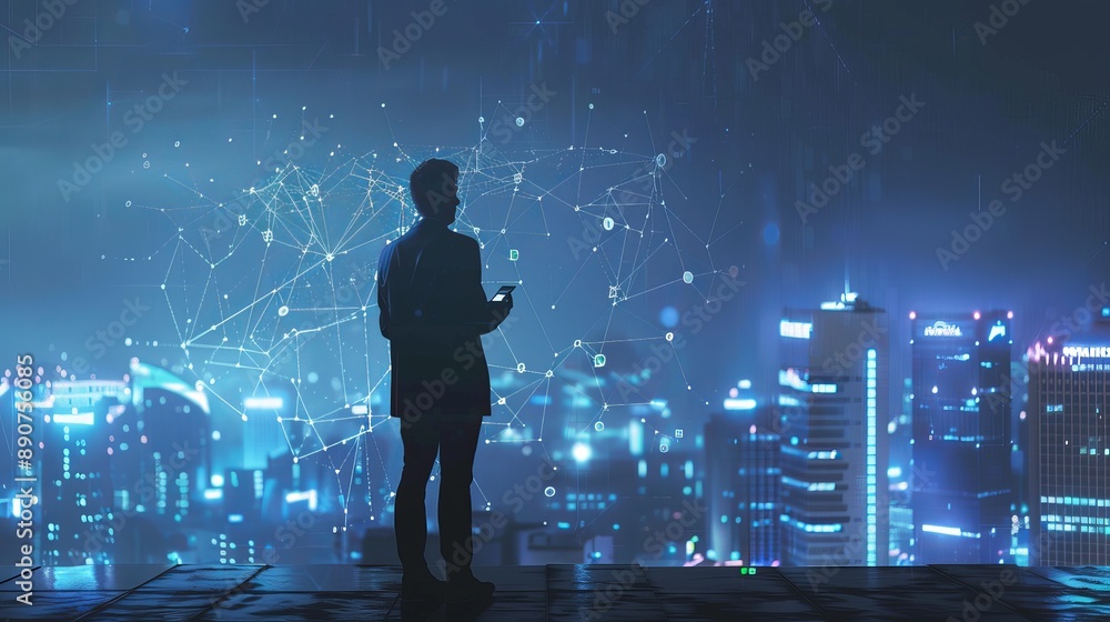 Poster businessman standing and using a smartphone in a modern space observing a night city view concept of