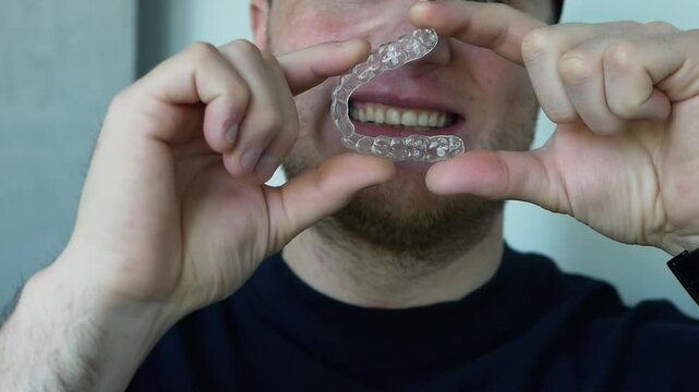 Straightening teeth for a beautiful smile. Teeth aligner for people. A man with a mouthguard in his teeth. Transparent protector.