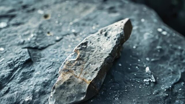 Stone tool on rough rock surface, possibly ancient artifact