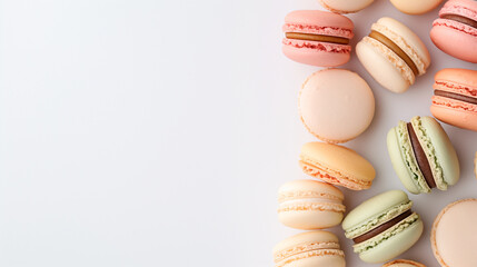 Fototapeta premium Assorted pastel-colored macarons arranged on the right side of a white background.
