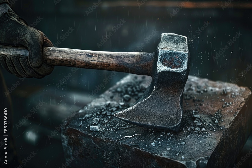 Poster a person is holding an axe on top of a block of metal