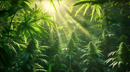 Sunlight streaming through lush green cannabis plants.
