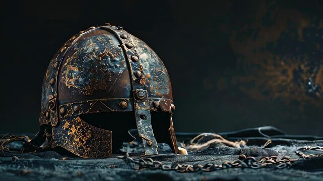 Rusty Viking helmet on dark surface with chain