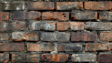 Fototapeta premium Weathered brick wall with varied colors and textures.