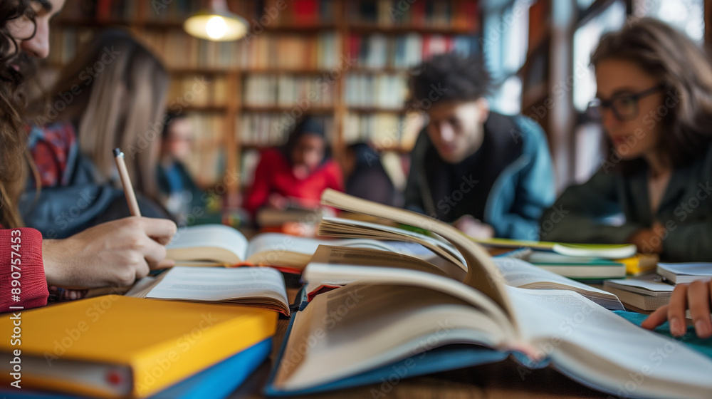 Poster students studying together in a library with open books and focused expressions.