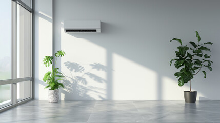 Minimalist empty room with large windows, air conditioner, and potted plants.