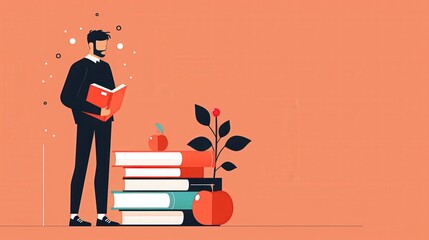 Illustration of a man reading a book, standing next to a stack of books with apples and a plant, symbolizing education and knowledge.