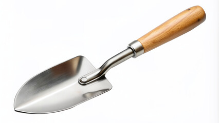 Fototapeta premium A stainless steel shovel with a curved blade and wooden handle isolated on a transparent background, perfect for gardening, construction, or outdoor activities.