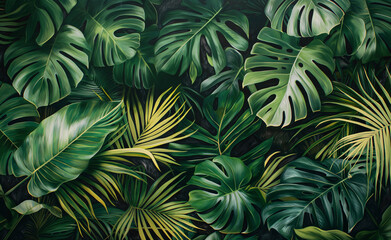 Dense arrangement of tropical green leaves creating a lush jungle background.
