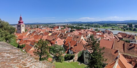 View over old town from the amazing Ptuj Castle in Slovenia - Ptuj Grad - medieval fortress built in the mid-12th century