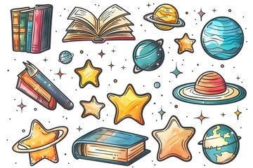 Whimsical Cosmic Sticker Design with Books  Stars  and Planets on White Background