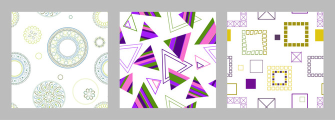 Seamless pattern of geometric shapes. Bright seamless pattern. Set of 3 patterns. Design for fabric, wallpaper, wrapping paper. Vector
