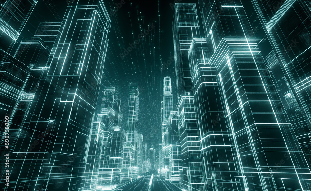 Poster abstract digital cityscape with glowing lines representing a futuristic metropolis.