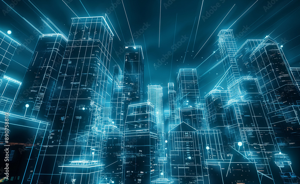 Poster abstract digital cityscape with glowing lines representing a futuristic metropolis.