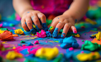 Child's hands playing with colorful modeling clay.