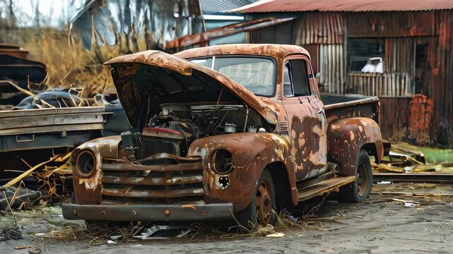Rusted old truck with its hood open in scrapyard
