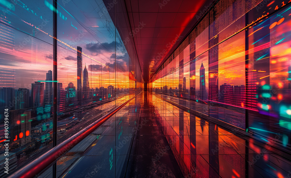 Wall mural futuristic cityscape with digital data and stock market graphs overlay at sunset.