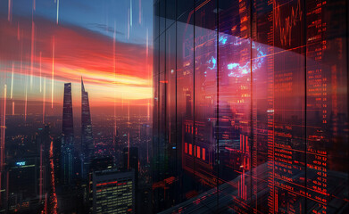 Futuristic cityscape with digital data and stock market graphs overlay at sunset.