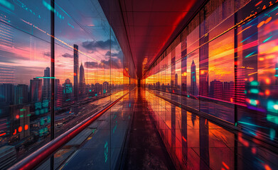 Futuristic cityscape with digital data and stock market graphs overlay at sunset.