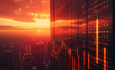 Futuristic cityscape with digital data overlay at sunset.