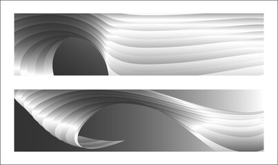 Fototapeta premium Monochrome cover design, abstract background. Wavy silver parallel gradient lines, ribbons, silk. Set of 2 backgrounds. Black and white with shades of gray banner, poster. eps vector