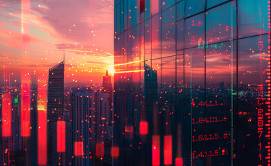 Futuristic cityscape with digital data and stock market graphs overlay at sunset.