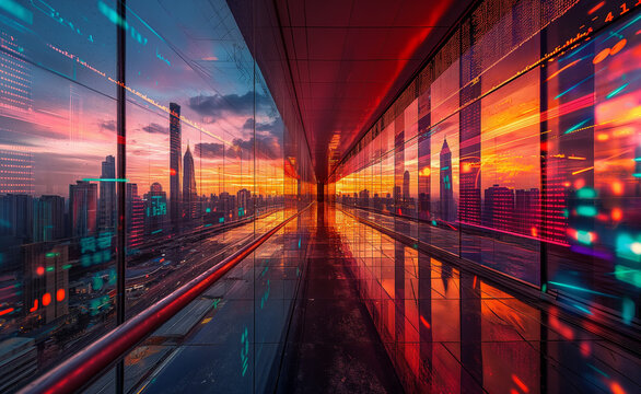 Futuristic cityscape with digital data and stock market graphs overlay at sunset. - Powered by Adobe
